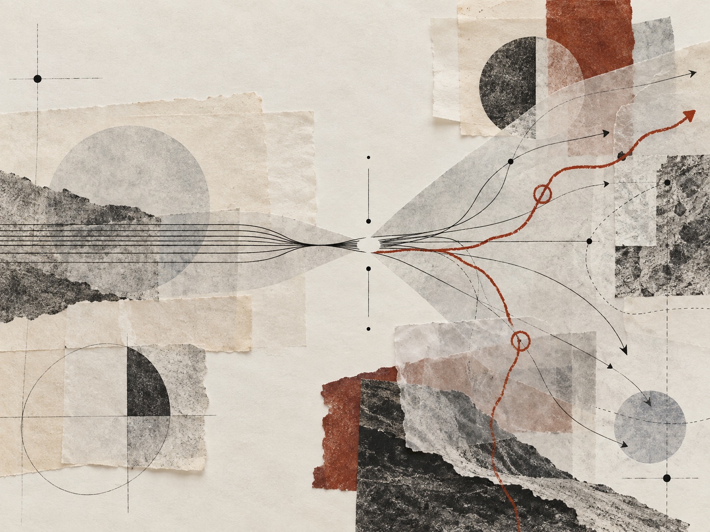Abstract paper collage of decision paths converging, diverging and being reconsidered